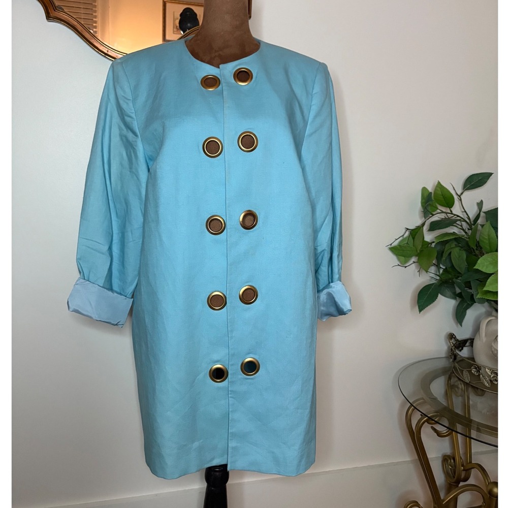 Bloomingdales Linen Coat Jacket Aqua Blue w/ Gold Eyelet Button Front‎ 14W XL